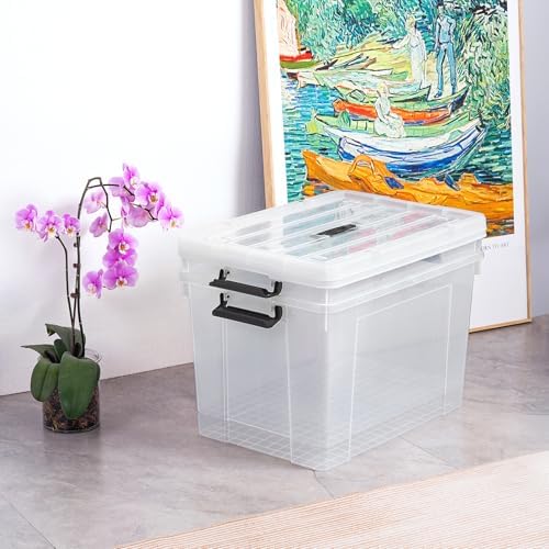 Cetomo Lidded Storage Bin with Handle, Storage Bins with Lid, Organizing Container with Secure Latching Buckles, Stackable and Nestable, Plastic, 95 Quart-4 Pack, Clear