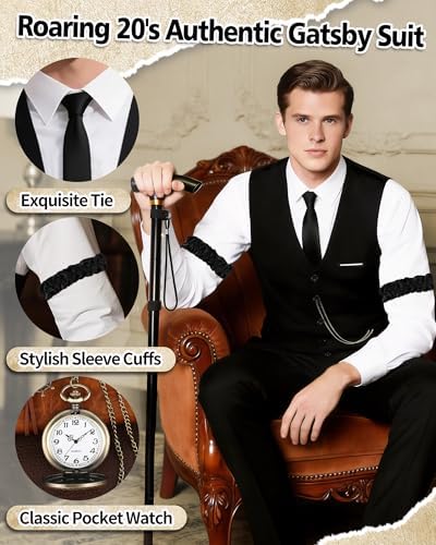 1920s Mens Costume, Roaring 20s Costumes for Men 1920s Mens Outfit with Walking Cane Vest Hat 1920 Mens Accessories
