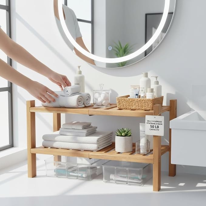 2-Tier Acacia Wood Stackable Shoe Rack - Brush Teak