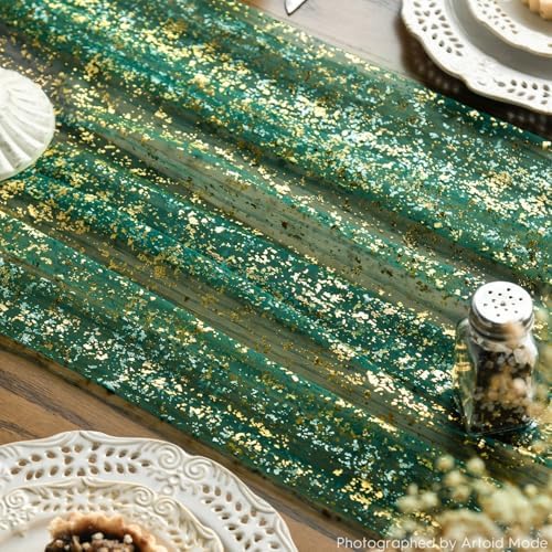Artoid Mode 2-Pack Green Gold Gauze Table Runner 10FT, Glitter Metallic Foil Sheer Dining Wedding Anniversary Holiday Table Decor for Home Party
