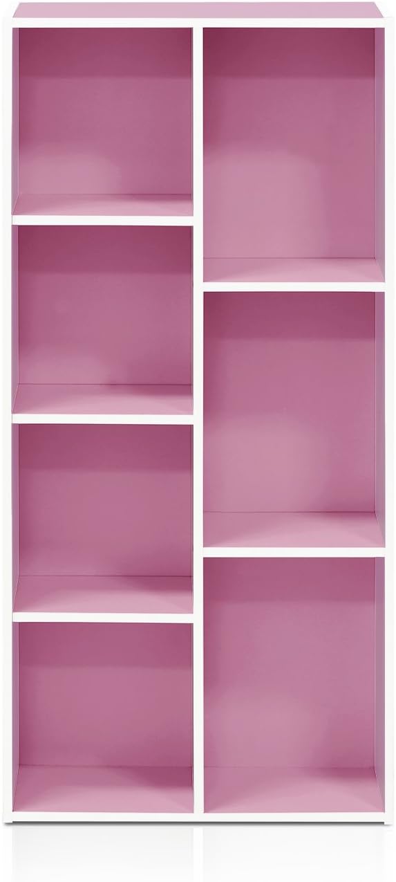 Furinno LUDER Book Shelf, 7-Cube Bookshelf, Bookcase with Open Shelves, 9.4 x 19.5 x 41.7, Easy Assembly, for Living Room, Bedroom, Home Office, White/Pink
