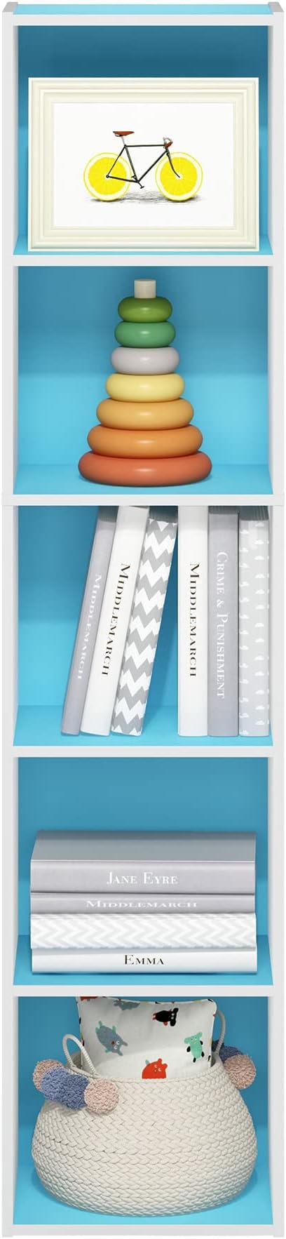 Furinno PASIR Book Shelf, 5-Tier Modern Bookshelf, Open Shelves Bookcase 9 x 12 x 52, Easy Assembly, for Living Room, Bedroom, Home Office, Light Blue/White