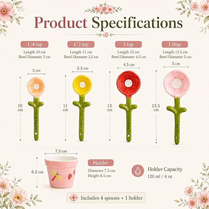 Flower Pot Ceramic Measuring Spoon Set, 5PCS Cute Spoons Cups with Base, Polygons Pink Decorative Teaspoon in Pot Holder, Unique Baking Supplies Gifts, Kitchen Cooking Stuff Gadgets Women(1*Blue)