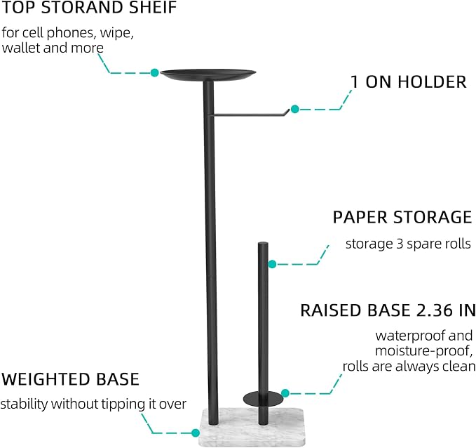 FEILERN Toilet Paper Holder Stand for Bathroom Floor Standing Toilet Roll Dispenser Storages 4 Reserve Rolls, with Top Storage Shelf for Cell Phones, Wipe, Wallet and More(Marble Black)