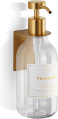Shower Shampoo Dispenser Wall Mounted – Refillable 16.9 oz Clear Bottle with Stainless Steel Pump & No-Drill Adhesive Holder – Soap Dispenser for Bathroom (1 X Clear/Gold)