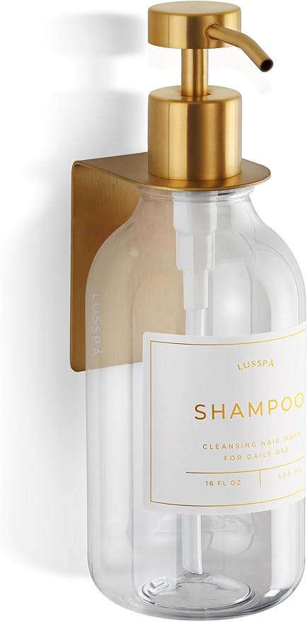 Shower Shampoo Dispenser Wall Mounted – Refillable 16.9 oz Clear Bottle with Stainless Steel Pump & No-Drill Adhesive Holder – Soap Dispenser for Bathroom (1 X Clear/Gold)