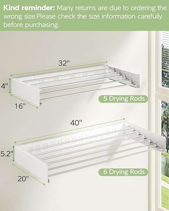 Vikaqi Wall Mounted Clothes Drying Rack 40 inches, Foldable Wall Mount Laundry Rack Folding Indoor, Drying Rack Clothing Collapsible, Hidden Space Saver with Wall Template, 6 Rods, White