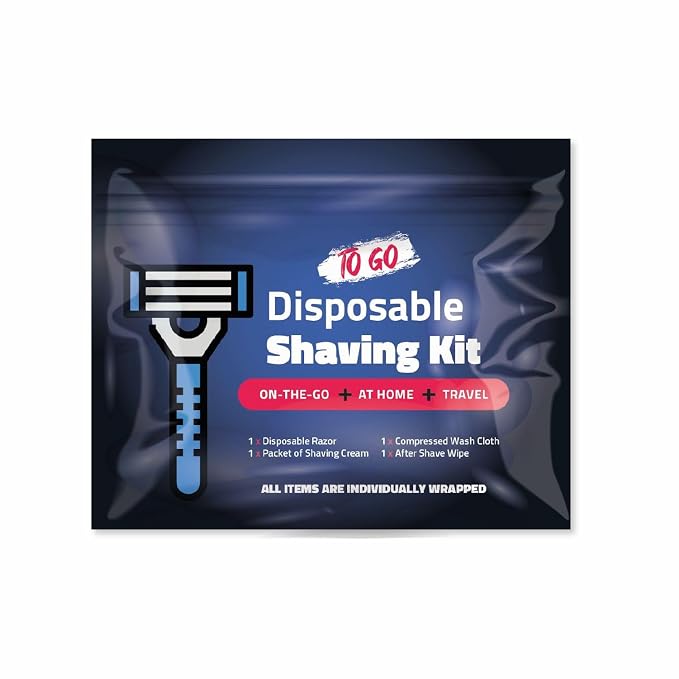 Disposable Compact Shaving Kit (10 Pack) - with Razor, Shaving Cream, Washcloth, and Aftershave Wipe – Travel Ready Grooming Essentials - Perfect Personal Shave Kit or Charity Gift Set (Black)