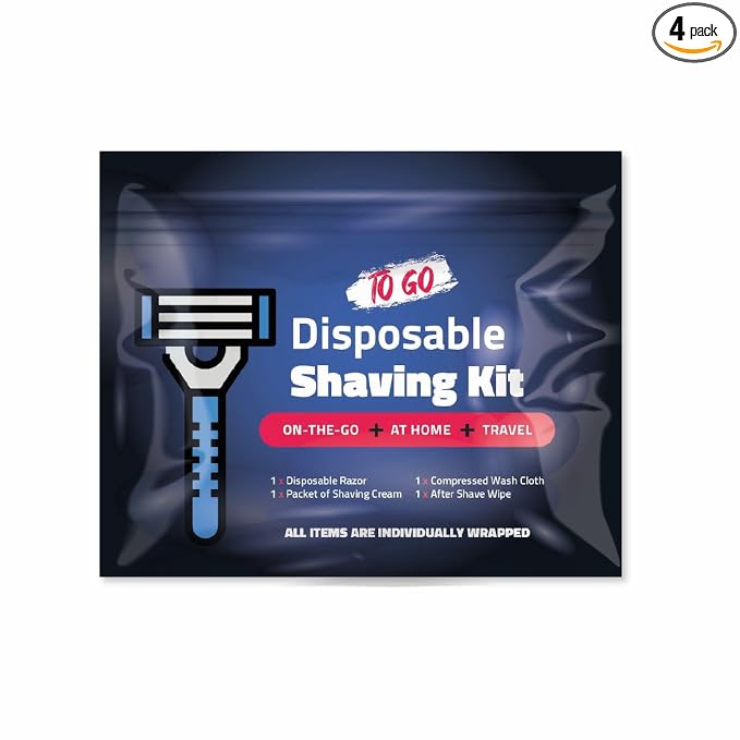 On-the-Go Shaving Kit – Disposable Razor, Shaving Cream, Washcloth & Aftershave Wipe – Travel Friendly, Grooming Essentials for Hygiene when on the Go - Black (1)