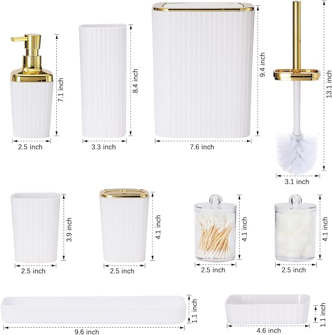 White Bathroom Set, 23 PCS White Bathroom Accessories Set with Shower Curtains, Trash Can, Toothbrush Holder, Soap Dispensers, Toothbrush Cup, Vanity Tray, Soap Dish, Toilet Brush, Qtip Holders