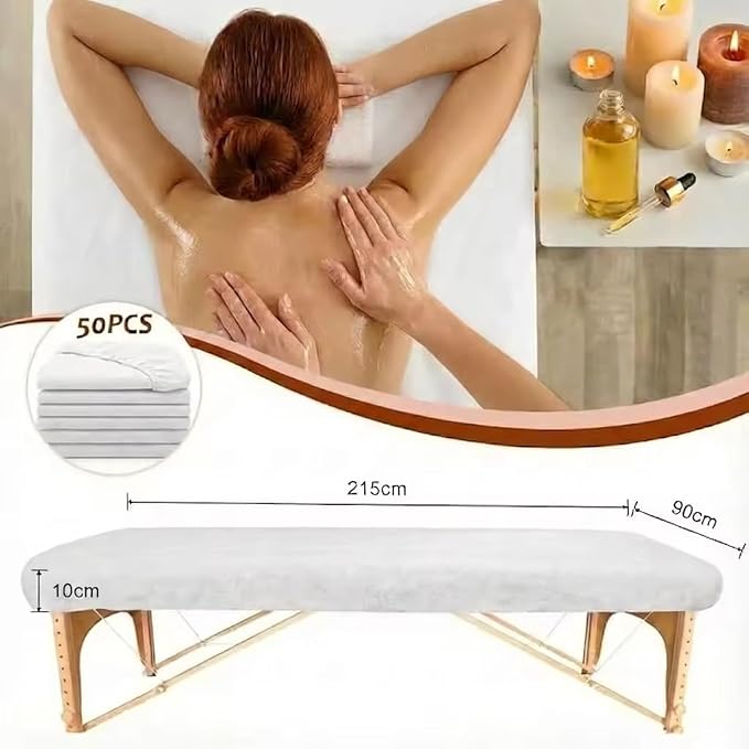 50PCS Disposable Fitted Massage Table Sheets with Elastic, Heavy Duty Elastic Disposable Bed Cover, Breathable White Sheets for Spa Massage Beauty Tattoos Non Woven Fabric 36 x 85 in