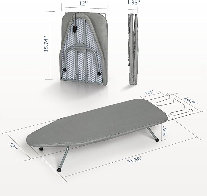 Tabletop Ironing Board with Iron Rest 31"x12" Grey | BlissBoard Small Foldable Mini Compact Iron Table, Heat Resistant Cover for Dorms, Apartment and Travel