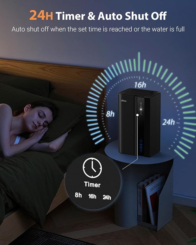 UBBO 95oz Dehumidifiers for Home, 1000 Sq.Ft Dehumidifier with Drain Hose - Auto Shut Off, Timer, Sleep Mode & Drain Hose - 7 Color Light for Bedroom, Bathroom, RV - Black
