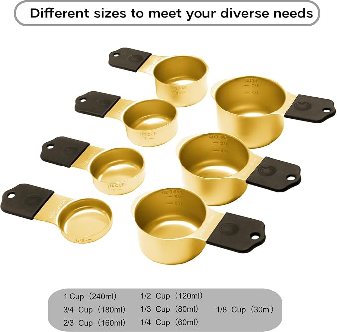 Magnetic Measuring Cups and Spoons Set, Including 7 Stainless Steel Nesting Gold Measuring Cups & 8 Magnetic Gold Measuring Spoons with 1 Leveler for Cooking & Baking