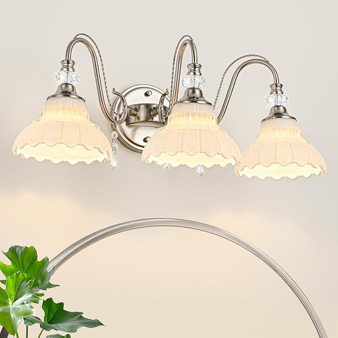 Brushed Nickel Bathroom Vanity Light, 3-Light Nickel Finish Wall Sconce with Hanging Crystal Accents and Flower-Shaped White Glass Shades, Modern Wall Mount Vanity Light Over Mirror for Bathroom