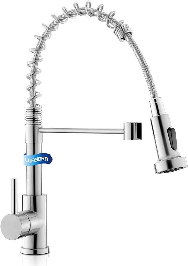 LUFEIDRA Kitchen Faucet with Pull Down Sprayer - Brushed Nickel High Arc Single Handle One Hole Stainless Steel Kitchen Sink Faucets for Farmhouse Camper Laundry Rv Bar Sink, Grifos De Cocina | High-Arc Stainless Steel Pot Filler with Single-Handle Con...