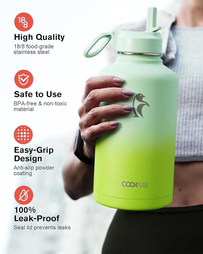 Half Gallon Water Bottle Insulated with Straw & 3 Lids, Coolflask 64 oz Water Jug Large Metal Stainless Steel Wide Mouth for Sports, Gym or Office, Non-BPA Keep Cold 48H Hot 24H, Ombre Green