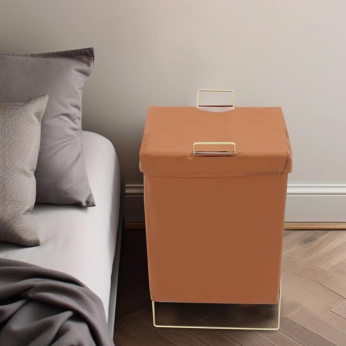X-Frame Laundry Basket with Lid, Foldable Laundry Hamper, Gold Metal Collapsible Bag Sorter Organizer, Luxury Folding Dirty Clothes Washing Bin (Gold Frame+ Brown Bag)