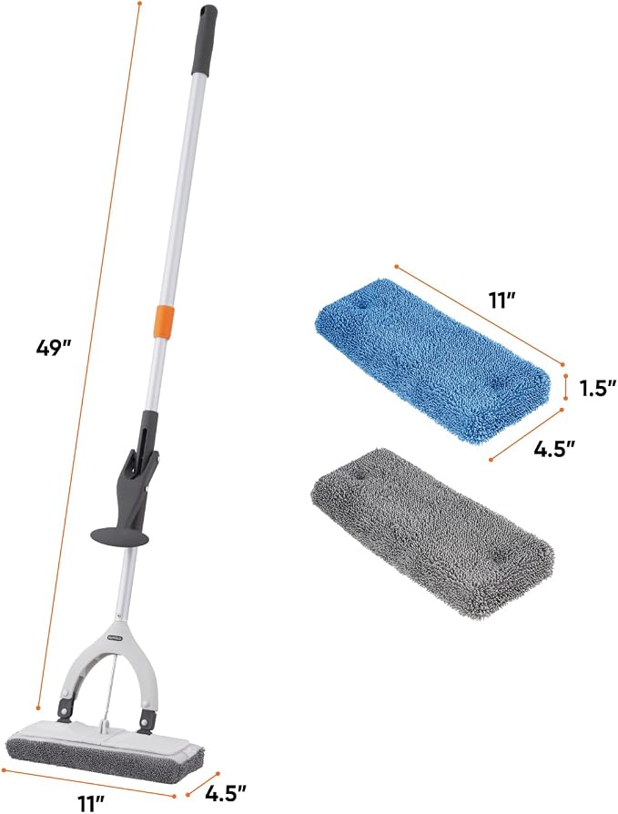 Superio Miracle Microfiber Flat Mop with Telescopic Handle & 2 Refill Pads - Self-Wringing, Lightweight Cleaning Set for Floors & Walls - Heavy-Duty & Reusable, Grey