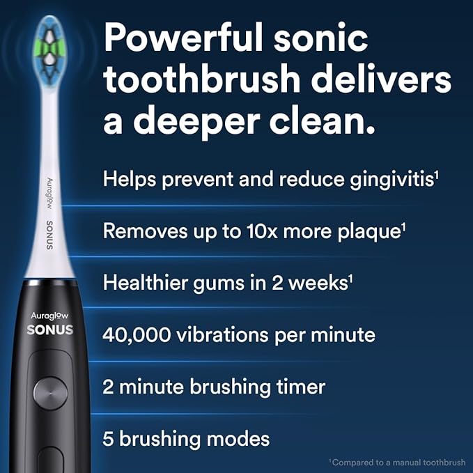 AURAGLOW Sonus Electric Toothbrush & 3-Pack Replacement Brush Heads