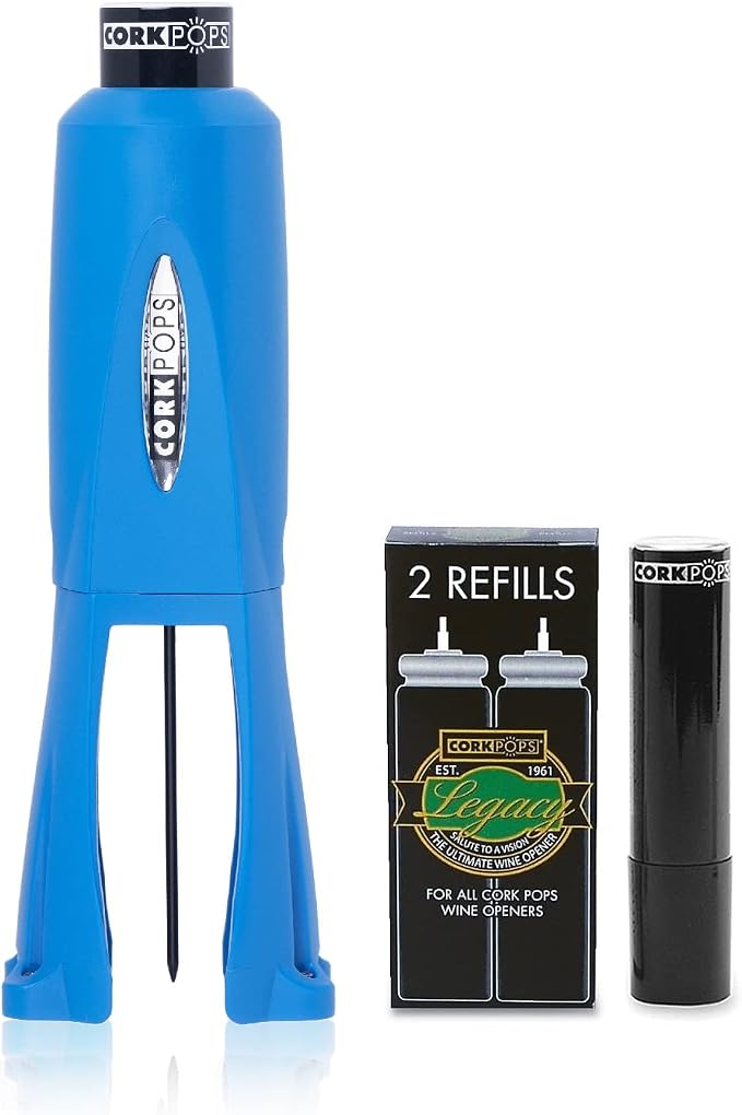 Cork Pops Legacy Wine Opener Built-in 4-Blade Foil Cutter Safe Cork Removal, Effortless Push Button Use, Needle Guard for Safety, Low-Pressure Cartridge Opens Up To 60 (Blue, With 3 Cartridges)