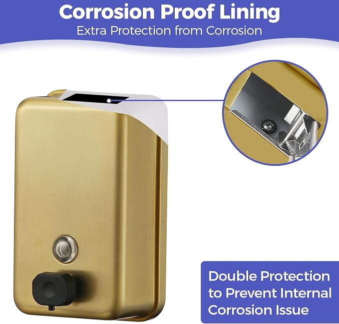 Stardrix Brushed Gold Stainless Steel Vertical 1100ml/37oz Capacity Commercial-Grade Soap Dispenser, Wall-Mounted Bathroom Hand Soap Dispenser with Corrosion-Proof Lining and Anti-Leak Pump