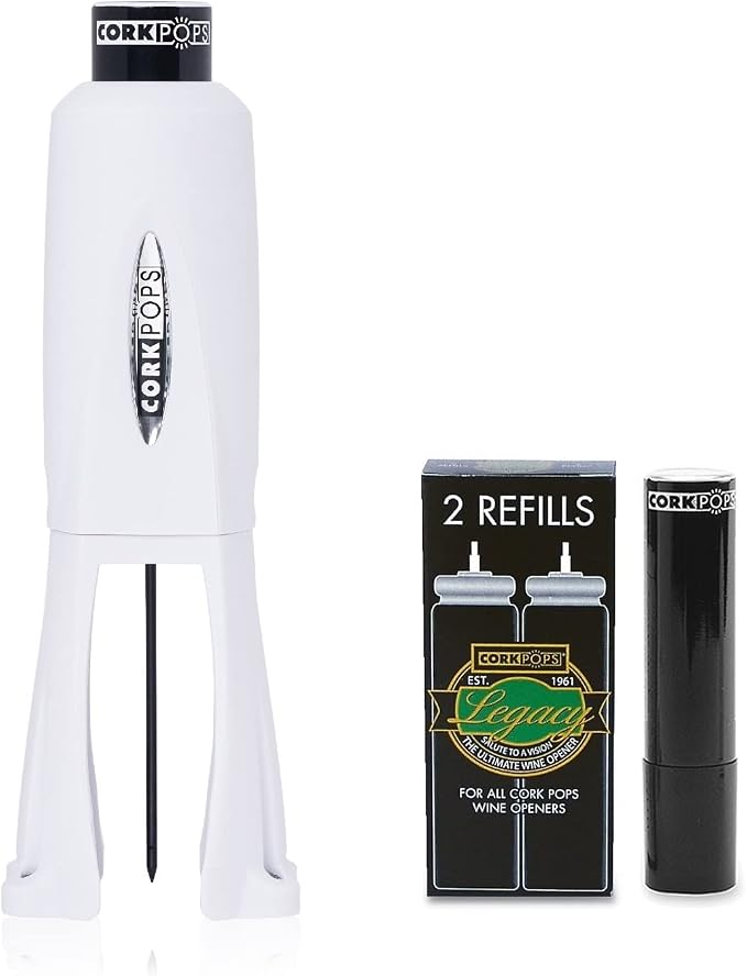 Cork Pops Legacy Wine Opener Built-in 4-Blade Foil Cutter Safe Cork Removal, Effortless Push Button Use, Needle Guard for Safety, Low-Pressure Cartridge Opens Up To 60 (White, With 3 Cartridges)