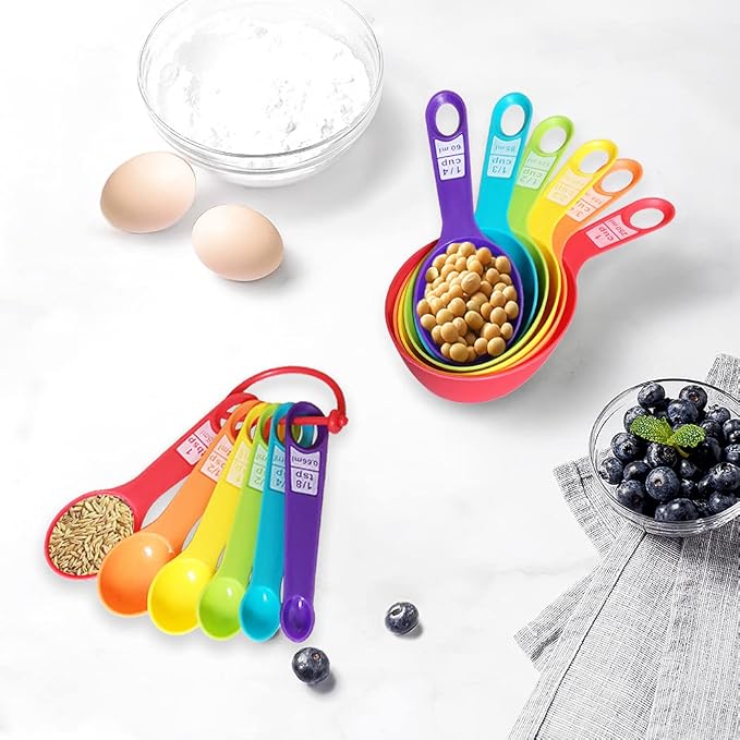 12 Piece Measuring Cups and Spoons Set, Colored Kitchen Measure Tools, Durable Nesting Cups and Spoons for Dry and Liquid, Dishwasher Safe