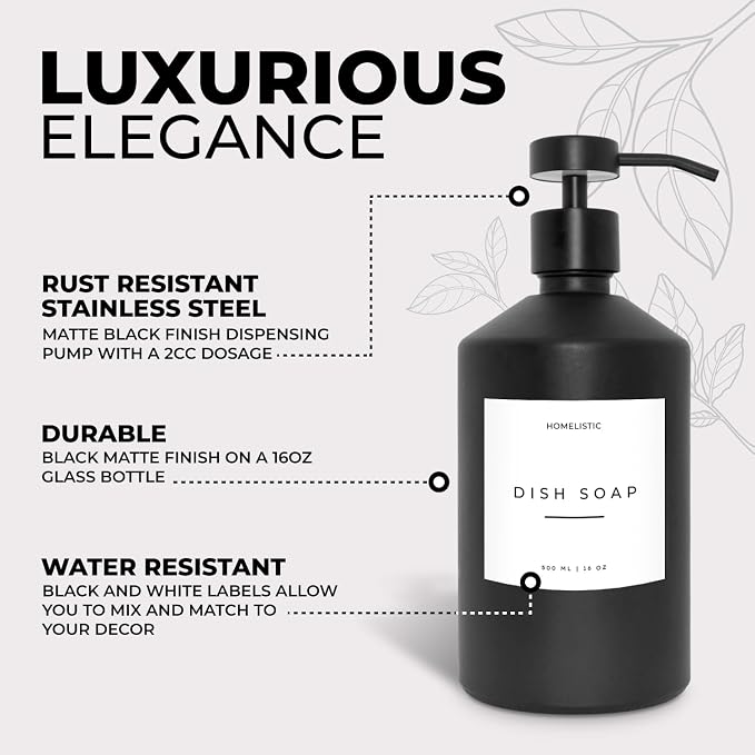 Luxury Glass Soap Dispenser Set of 2 - Elegant Black Glass Bottles with Matte Black Pumps, Ideal for Kitchen and Bathroom for Hand and Dish Soaps