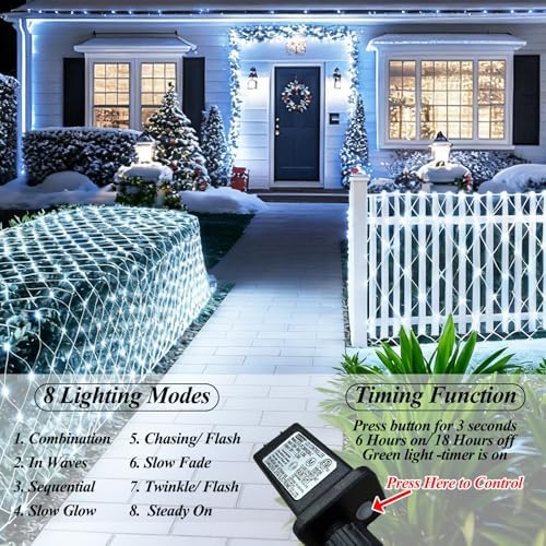 300 LED Net Lights for Bushes, 14.8ft x 5ft 8 Modes Christmas Outdoor Mesh Lights Connectable, Waterproof Decorative String Light Plug in for Xmas Tree Garden Wedding Party (Clear Wire, White)