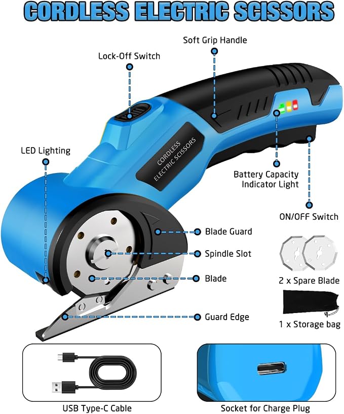 Cordless Electric Scissors,4V Rechargeable Cardboard Cutter Heavy Duty Scissor with Safety Lock & LED Light for Box Carpet Plastic Fabric(Blue)