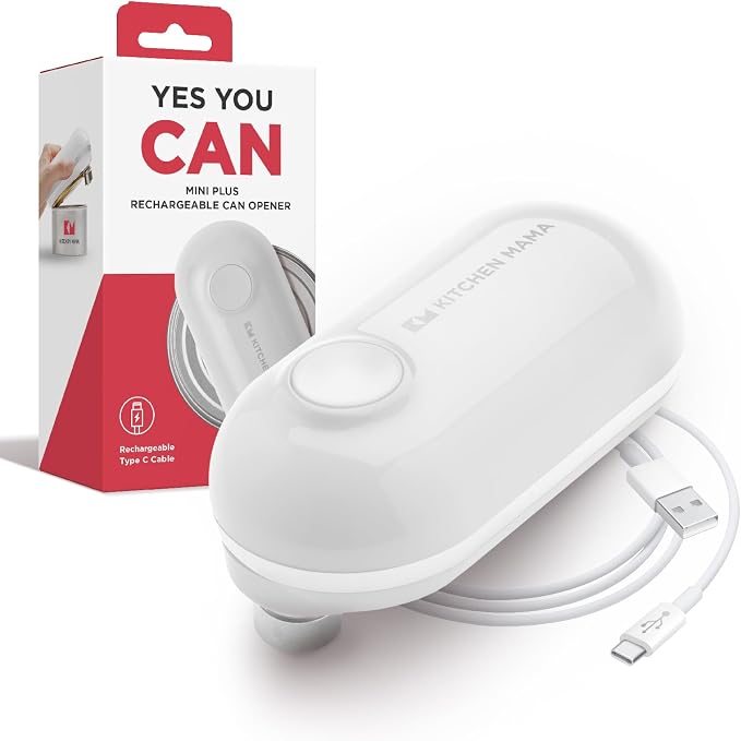 Kitchen Mama Mini Plus Rechargeable Electric Can Opener, White | USB-C Charging, Hands-Free Auto Stop, Cordless Smooth Edge, Compact for Travel, Perfect for Seniors with Arthritis