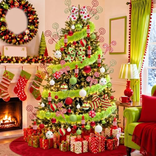 59 Pcs Christmas Tree Decorations Peppermint Candy Ornaments Candy Cane Tree Picks Xmas Balls Bow Lime Green Garland Christmas Hanging Ornaments for Xmas Home Office Decorations