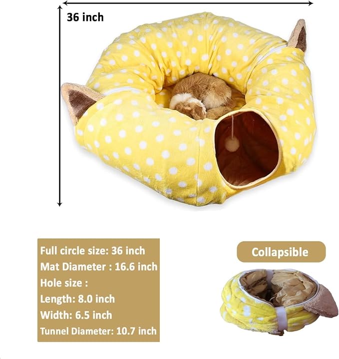 AUOON Cat Donut Tunnel with Bed for Kitten Puppy Rabbit Ferret, Yellow | 2-in-1 Interactive Cat Toy, with Hanging Ball Toy, Machine Washable Center Pad, 36"L x 36"W x 10.7"H