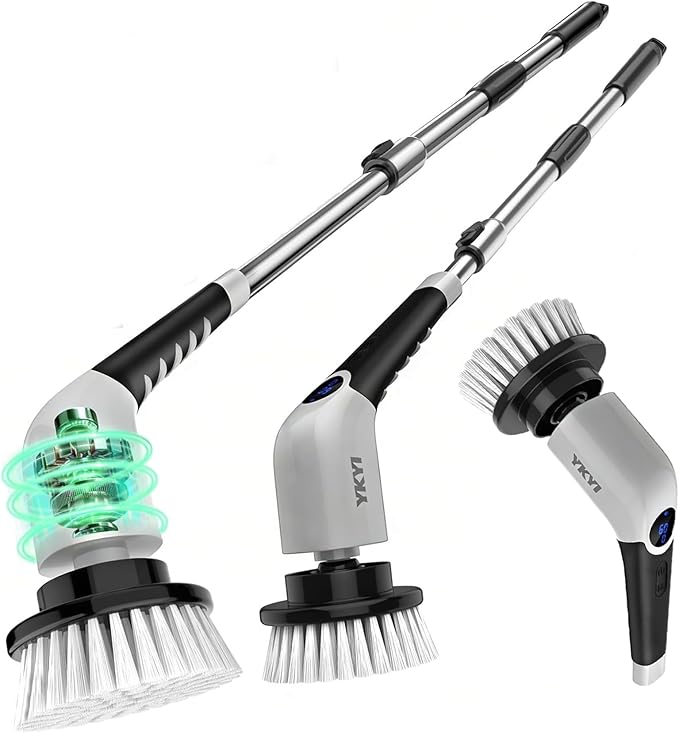 YKYI Electric Spin Scrubber, Cordless Cleaning Brush with 8 Replaceable Brush Heads, Power Scrubber with Adjustable Extension Handle for Bathroom, Tub, Tile, Floor and Kitchen Cleaning (Violet)