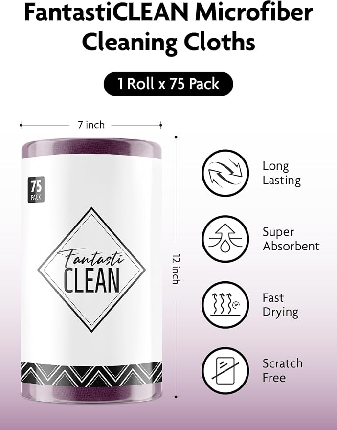 Fantasticlean Microfiber Cleaning Cloth Roll -75 Pack, Tear Away Microfiber Towels, 12" x 12", Reusable, Washable, Scratch Free, Ultra Absorbent for All-Around Cleaning Supplies (Dark Purple)
