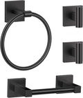 Towel Ring Set 4 Piece Bathroom Hardware Set Includes Towel Ring 2 Towel Hooks and Toilet Paper Holder Stainless Steel Wall Mounted (Matte Black)