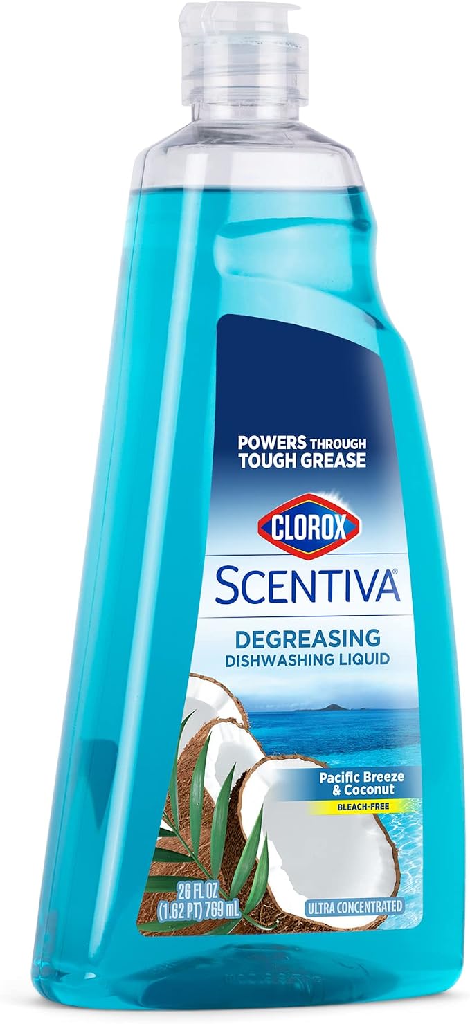 Clorox Scentiva Liquid Dish Soap, Pacific Breeze and Coconut Scent - Ultra-Concentrated Dishwashing Liquid That Cuts Through Grease and Food Residue, Bleach-Free, 26 Fl Oz