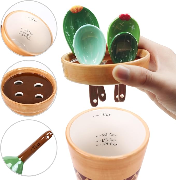 Cactus Measuring Spoons Set in Pot Cute Ceramic Kitchen Measuring Cups and Spoons Set with Holder for Baking Salt Sugar