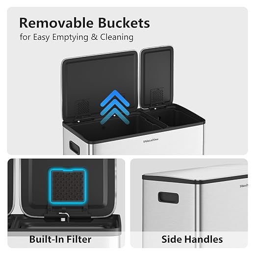 Dual Trash and Recycling Bins for Kitchen, 13+5.3 Gallon Stainless Steel Garbage and Recycle Bin Combo for Large Families, Soft Close Lid, Removable Liner Buckets, Silver