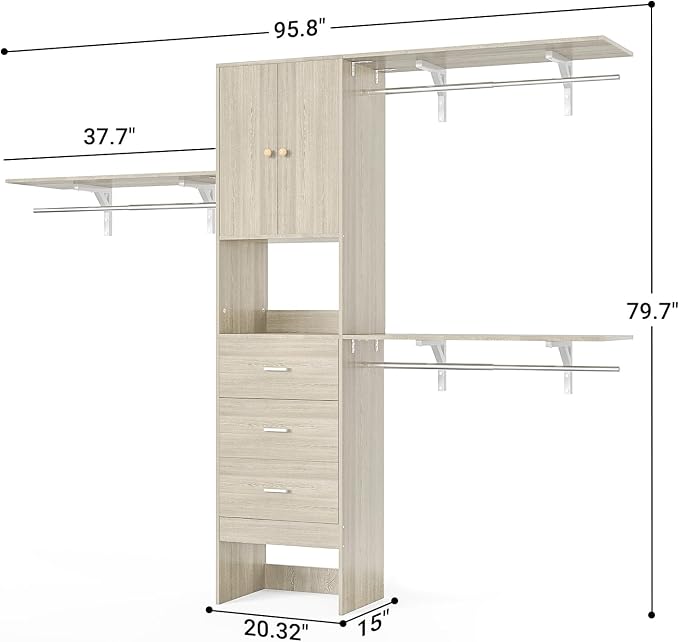 Armocity 96 Inches Closet System with Doors, 8FT Walk In Closet Organizer with 2 Shelving Towers, Heavy Duty Clothes Garment Rack with 3 Wood Drawers, 96"L x 16"W x 80"H, Max Load 1000 LBS, White Oak