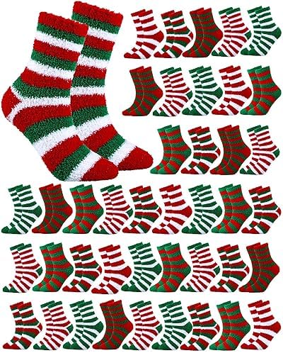 Toulite 60 Pairs Christmas Fuzzy Socks Bulk for Women Soft Plush Slipper Winter Striped Fluffy Warm Sleeping Socks for Holiday Indoor Home Bright Color One Size