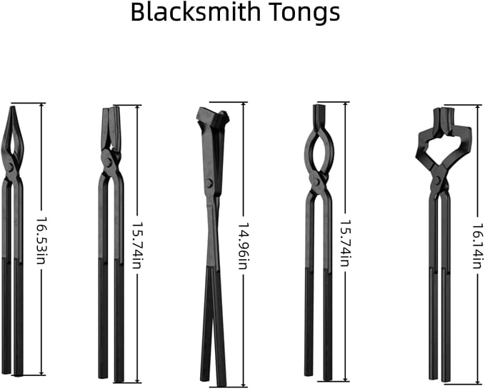 5PCS Blacksmith Tools Kit - V-Bit Tongs, V-Bit Bolt, Scrollings, Square Jaw & Blade with Hammer, High Carbon Steel Assembled Forging Set for Metalworking