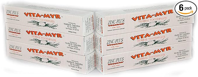 Vita-Myr Oral Care Zinc+ 4 Oz Pack of 6 Toothpaste, Sugar Free, Fluoride Free, Gluten Free, SLS Free, Alcohol/Peroxide Free, Saccharin Free, Artificial Sweetener/Color Free, Made in USA