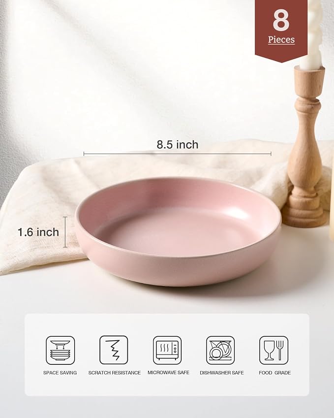 famiware Milkyway Pasta Bowls Set of 8, 33 oz Large Salad Bowls, Double Reactive Glaze, Sturdy & Stackable, Ideal for Housewarming, Festivals, Light Pink