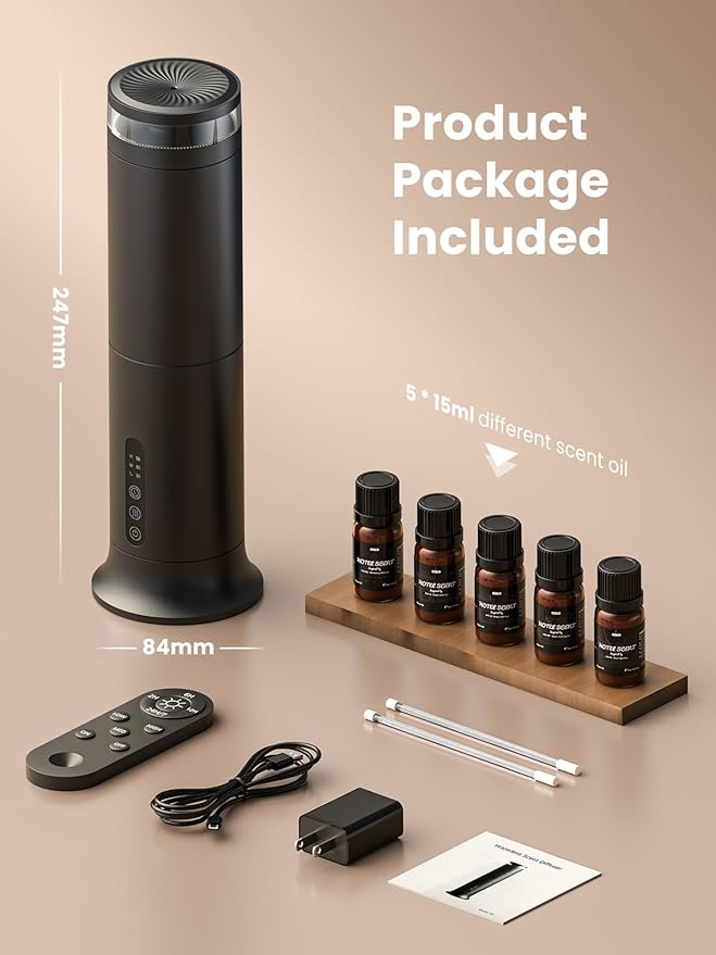 Waterless Diffuser with 5 Hotel-inspried Scent Oil Set - Cold Air Diffuser Up to 2000 Sq.ft for Large Home Office Hotels and Spas, Remote & Panel Control, 4 Timer 3 Scent Intensity Models, 3.4 fl oz