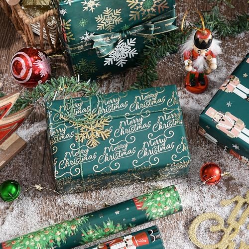 WRAPAHOLIC 30 Inch Nutcracker Christmas Wrapping Paper Roll - Jumbo Roll Green Christmas Tree, Snowflakes and Nutcracker with Metallic Foil Shine Design - 4 Rolls - 30 Inch x 120 Inch Per Roll