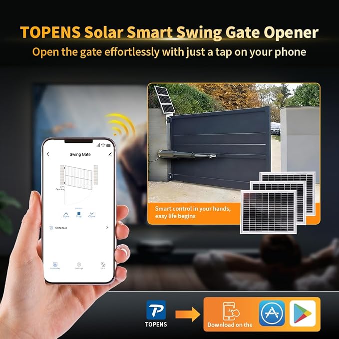 TOPENS XD851S Smart Gate Opener for Heavy Duty Solar Single Swing Gates Up to 18ft, Automatic Gate Opener with App Control AC Powered with Remote Control Kit Solar Panel Included