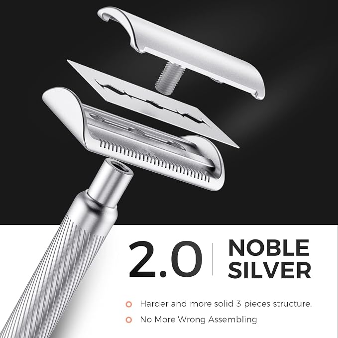 Double Edge Safety Razor, Metal Razor Includes 10 Double Edge Blades | Classic silver finish with a clean metallic look that complements any grooming setup.