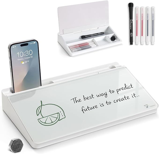 TOWON Small Compact Glass Desktop Whiteboard with Storage – 12 x 7 in Dry Erase Board for Desk, Home Office, School | Includes 5 Markers, Eraser & Holder | Space-Saving Organizer, Aesthetic White